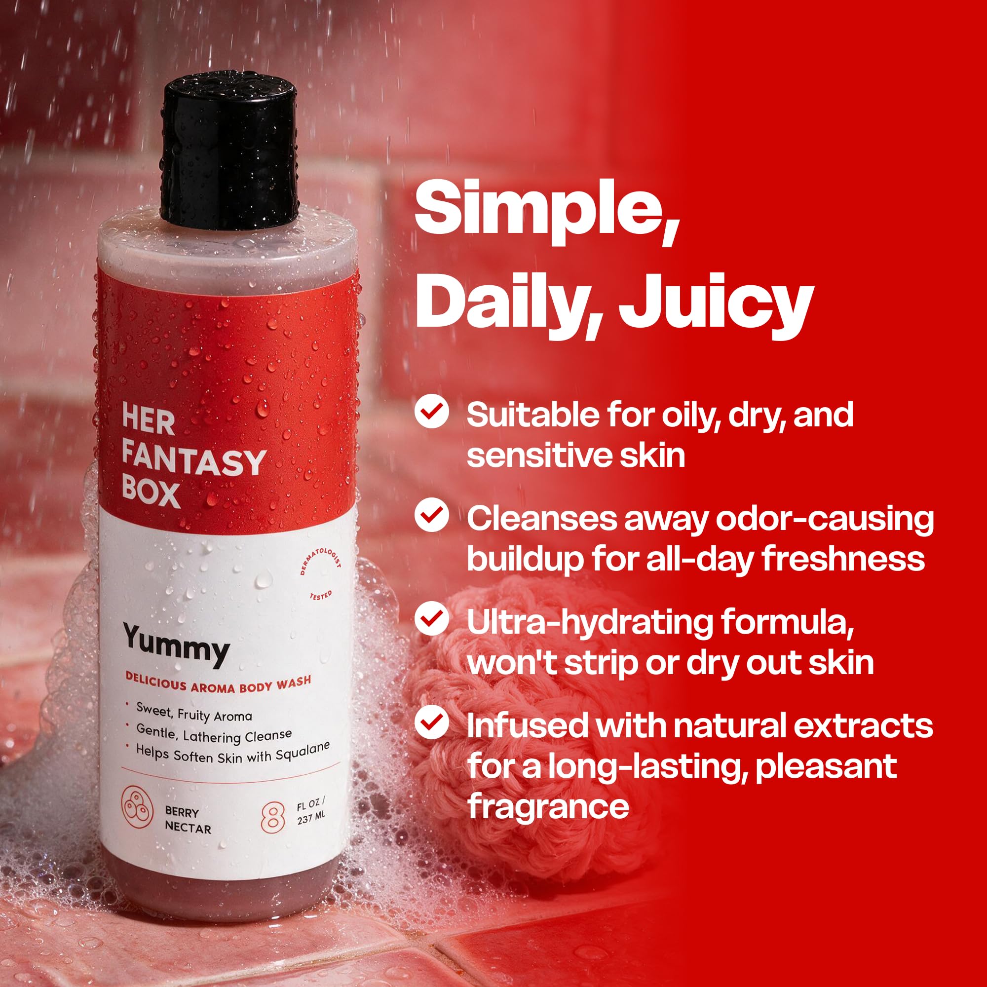 Her Fantasy Box pump dispenser detail indicating easy one-hand use and controlled dispensing