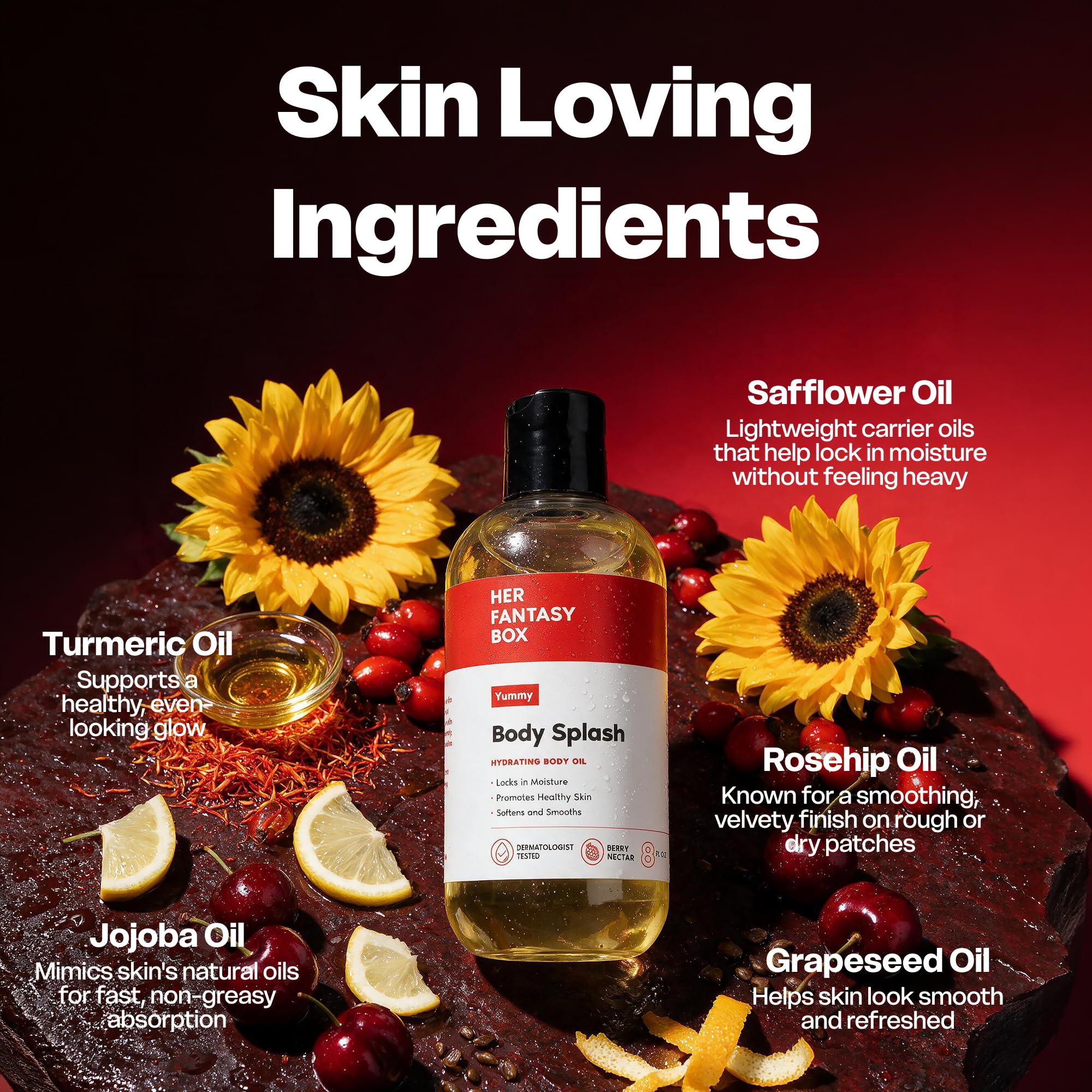 Her Fantasy Box texture drop close-up illustrating lightweight, fast-absorbing oil