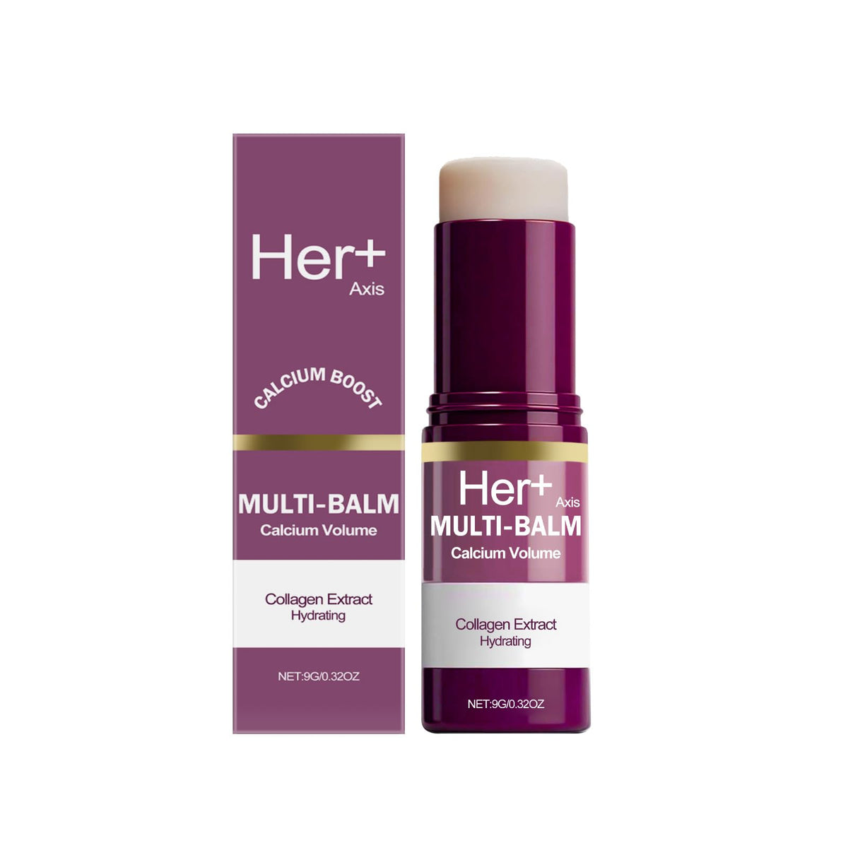 Her+ Axis front stick packaging showing compact travelable balm