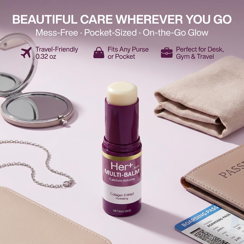 Her+ Axis stick inside purse illustrating on-the-go moisturizing benefit