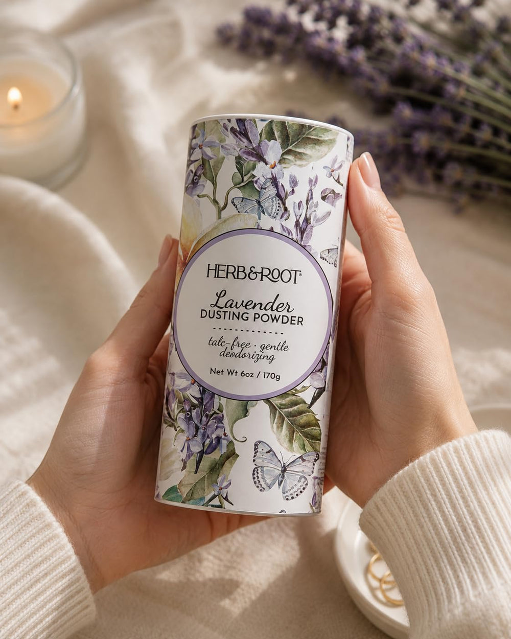 Herb & Root in bathroom lifestyle shows post-shower finish and subtle scent layering