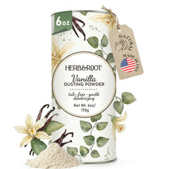 Herb & Root front canister showing vanilla scent and large 6 oz size benefit