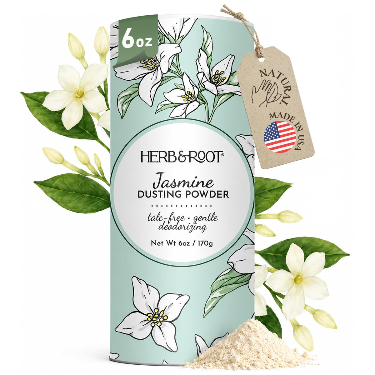 Herb & Root front canister showing rose scent and generous 6 oz size benefit