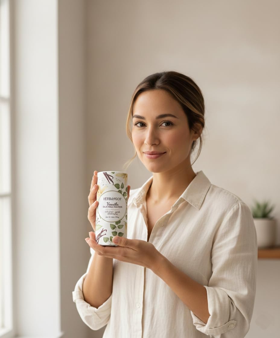 ingredients panel on Herb & Root canister emphasizing talc-free, plant-based formula