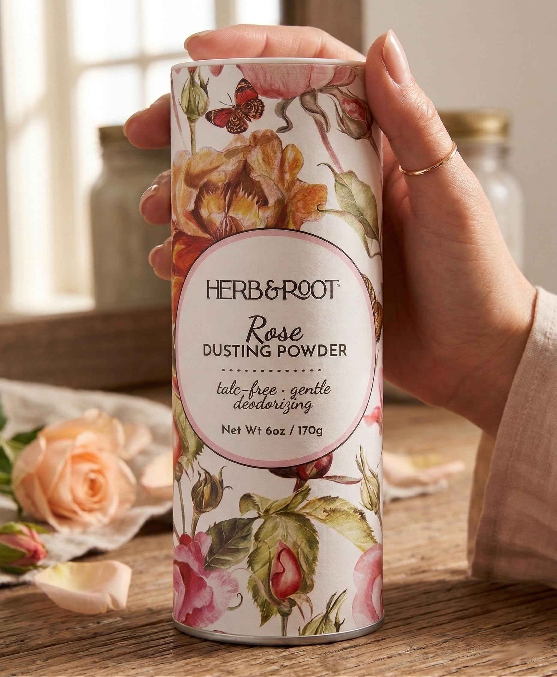 Herb & Root label closeup highlighting talc-free ingredients and calming oatmeal