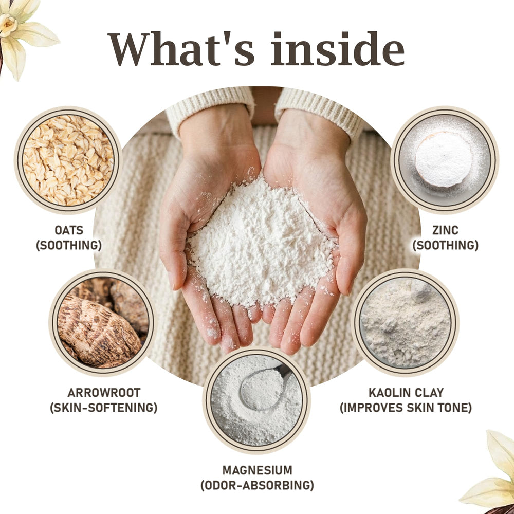 powder puff with Herb & Root powder illustrating reusable tool pairing and even coverage