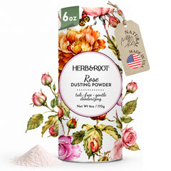 Herb & Root front canister showing rose scent and 6 oz size for lasting freshness