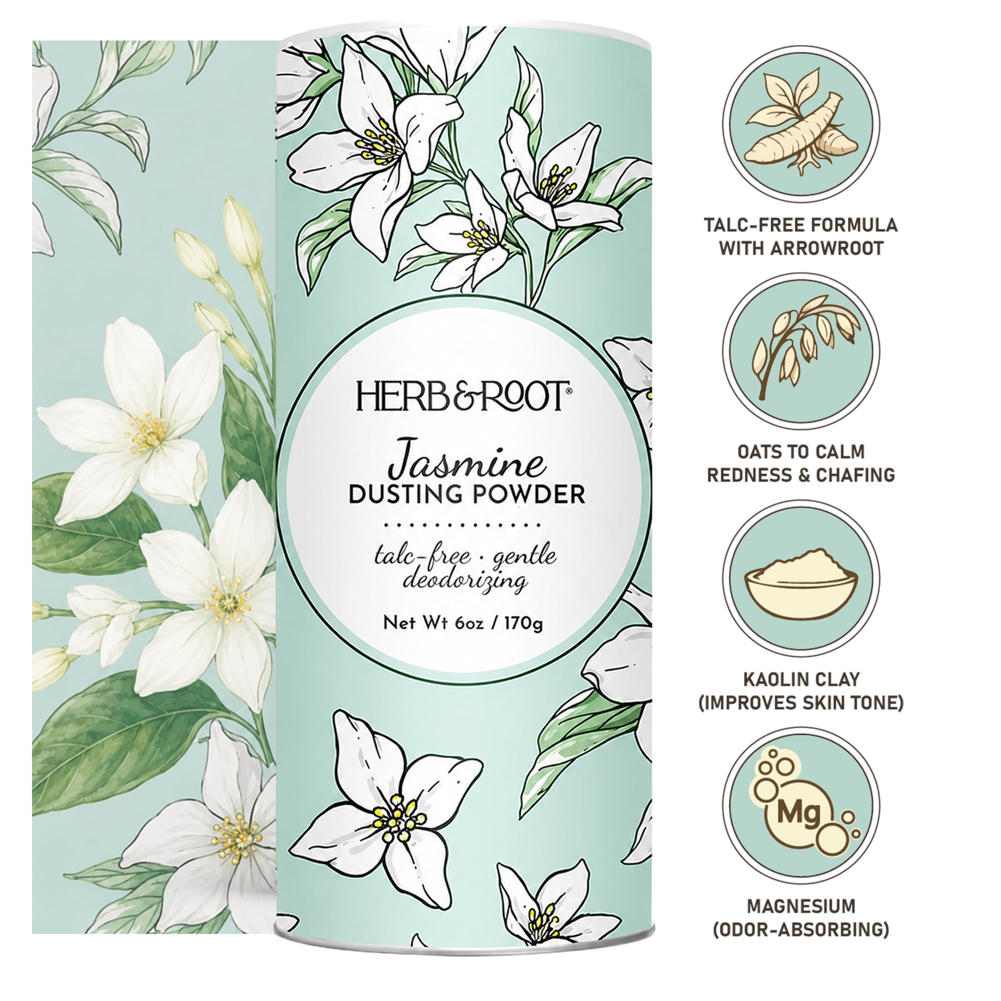 Herb & Root vanilla canister label highlighting fragrance and talc-free formula