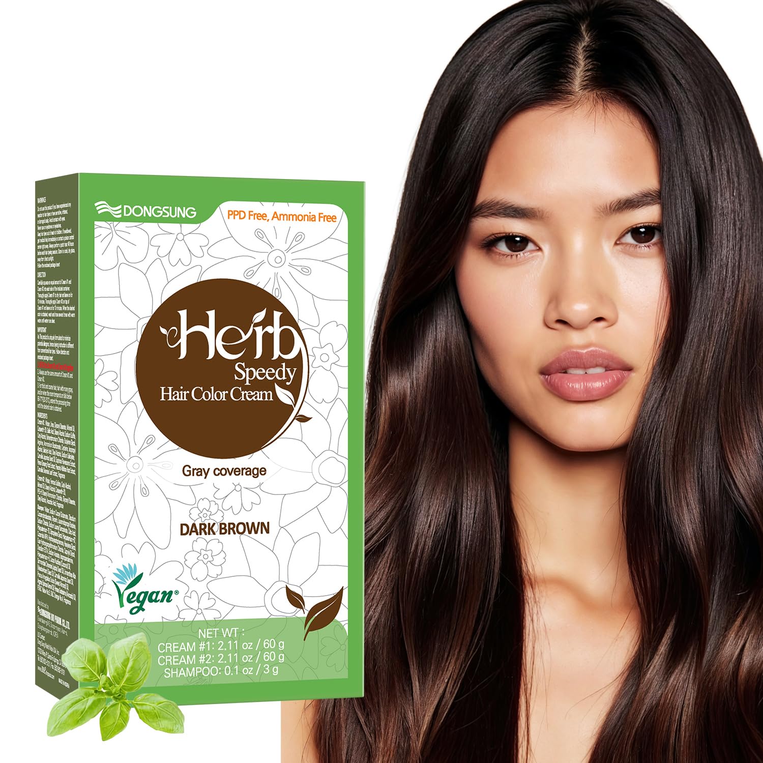 Herb Speedy product front packaging showing vegan dark brown shade and benefits