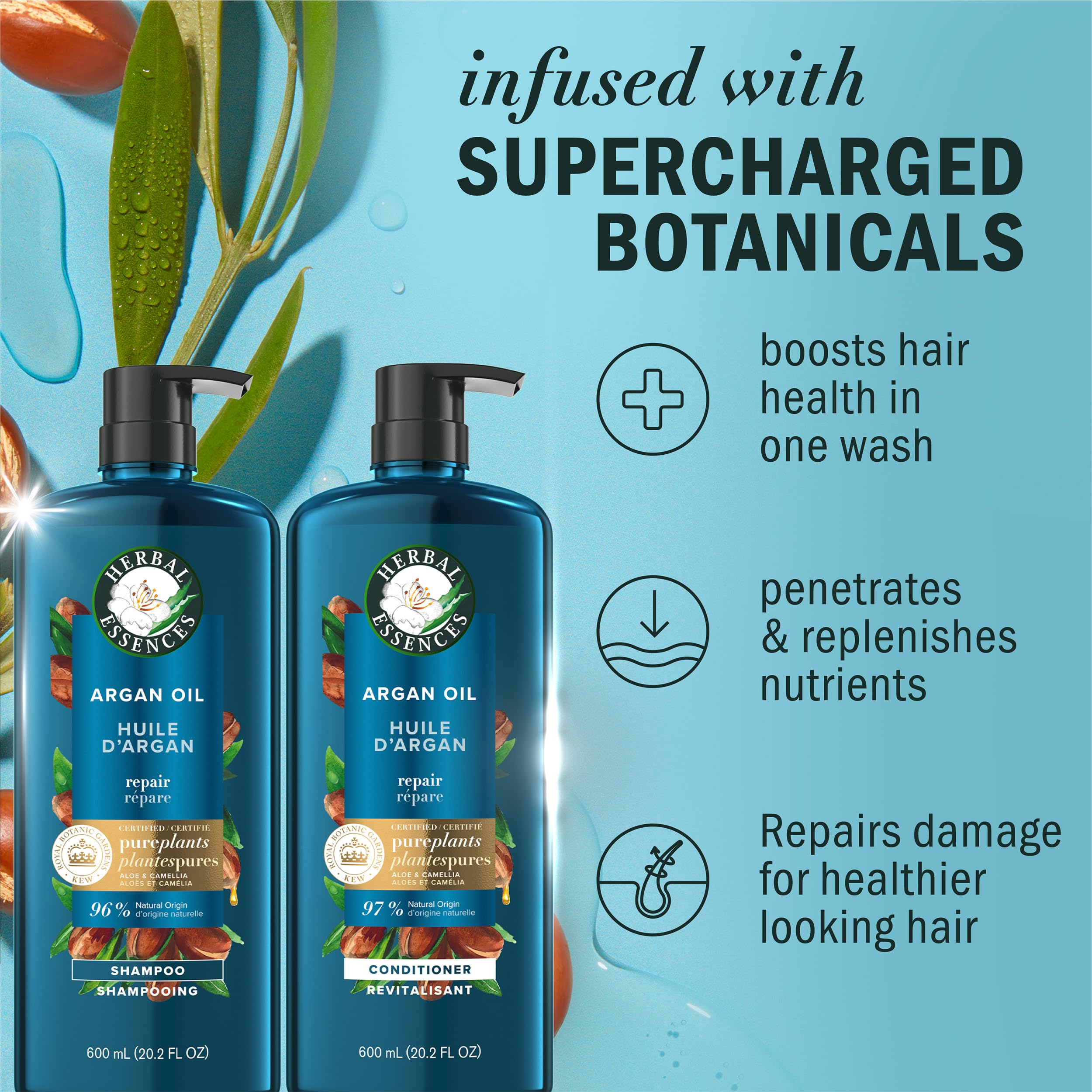 Herbal Essences argan oil close-up highlighting real botanicals for smooth hair