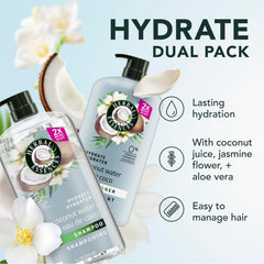Herbal Essences label close-up highlighting coconut water and jasmine fragrance benefits