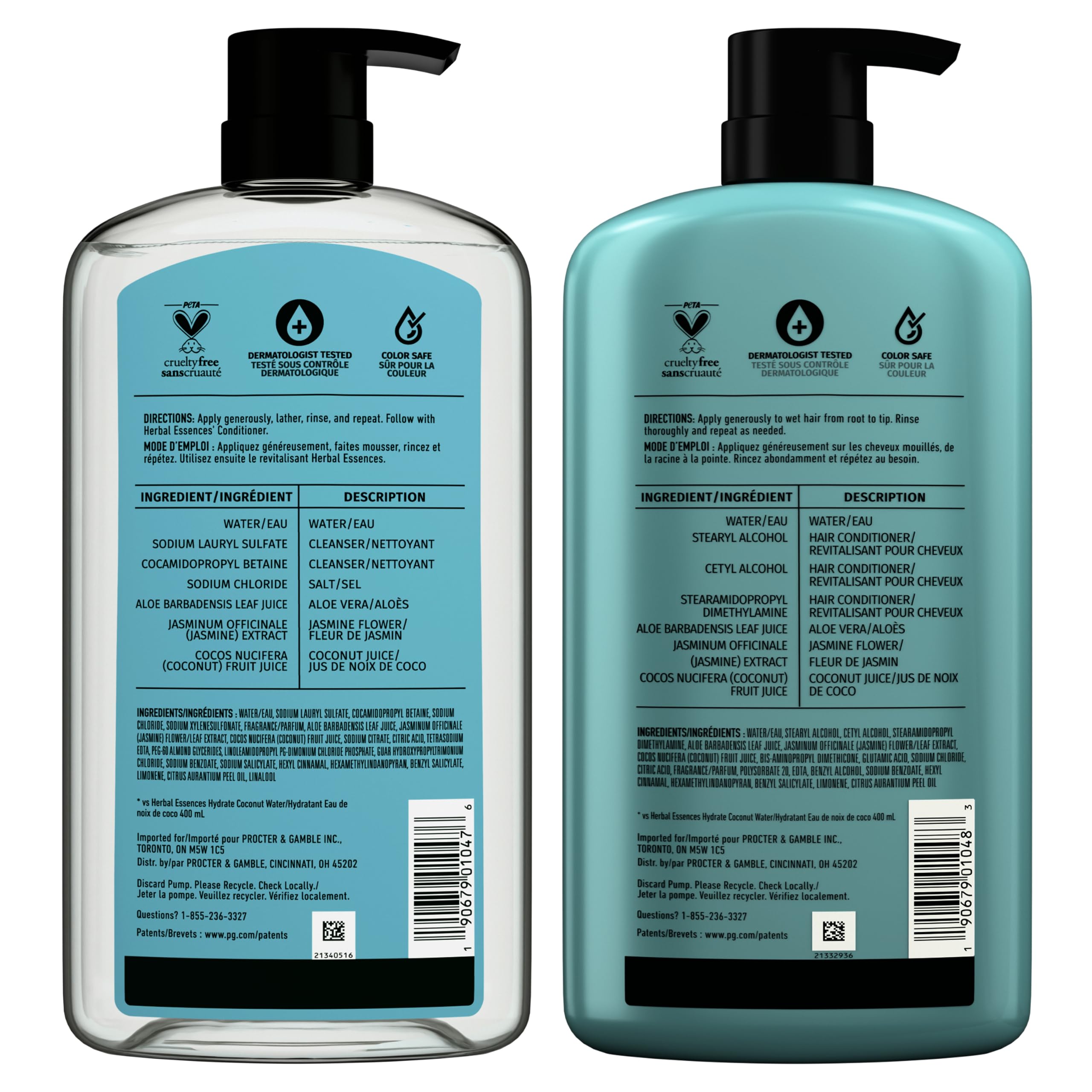 Herbal Essences bottle back label with recycle symbol showing eco-friendly info benefit