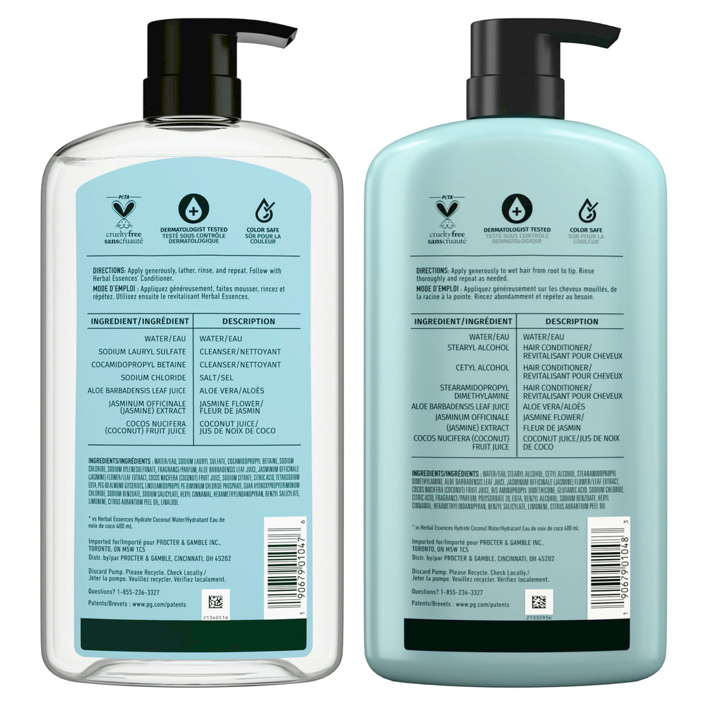 Herbal Essences bottle back label with recycle symbol showing eco-friendly info benefit