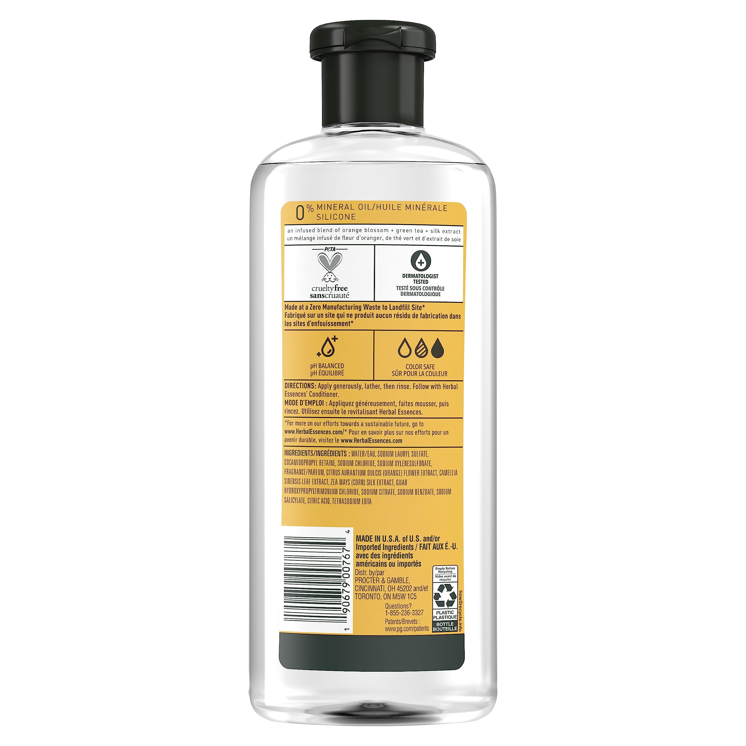 Herbal Essences label close-up highlighting ingredients and easy-pour cap