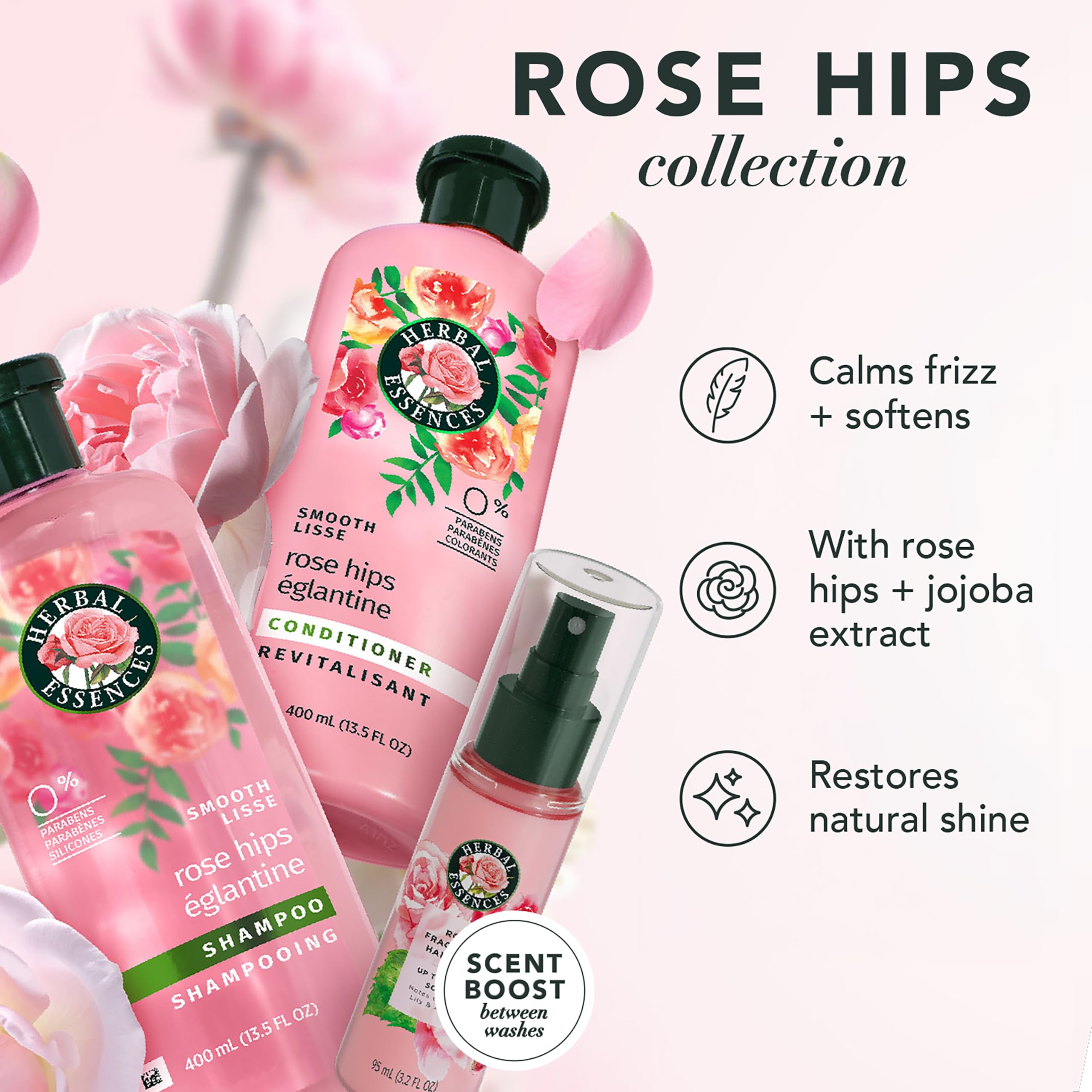 Herbal Essences shampoo bottle close-up highlighting label and gentle cleansing