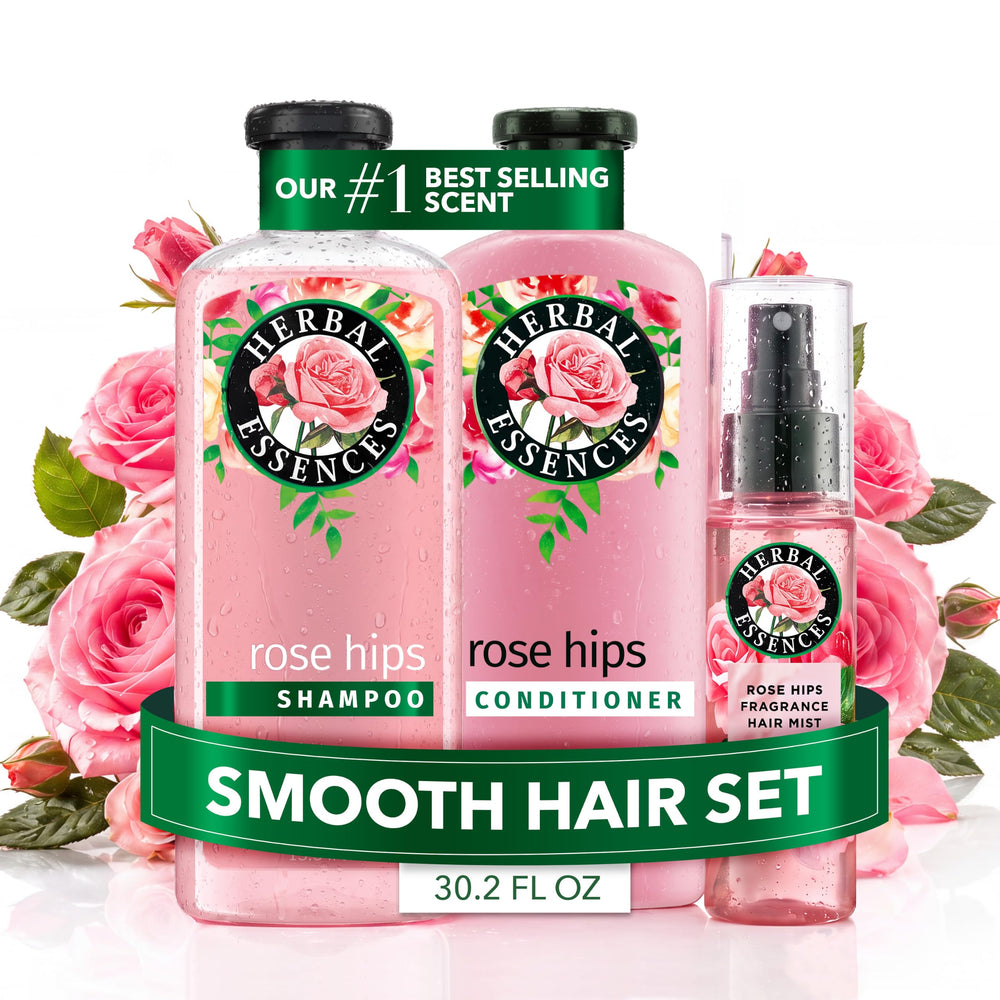 Herbal Essences trio front view showing all three products and smooth hair benefit