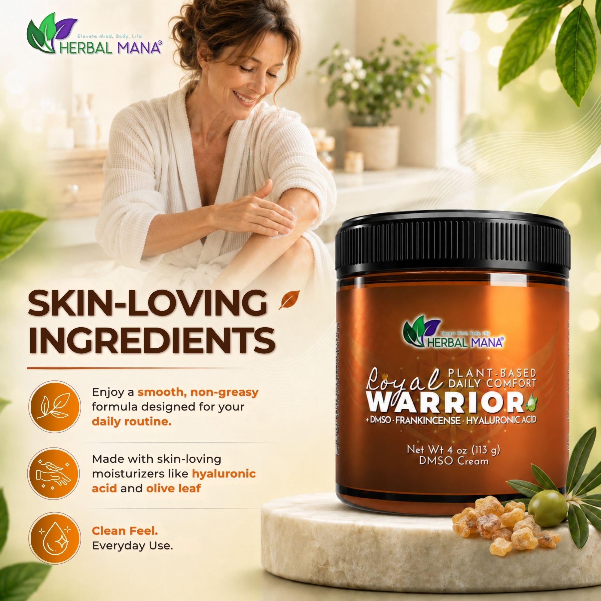 Herbal Mana cream being applied to skin demonstrating smooth spread and quick absorption