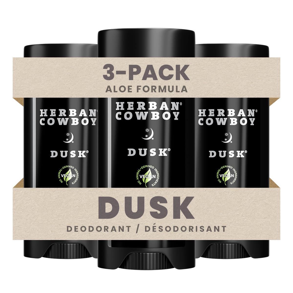 Herban Cowboy front packaging showing three DUSK deodorant sticks, convenient multi-pack