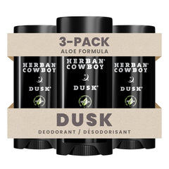 Herban Cowboy front packaging showing three DUSK deodorant sticks, convenient multi-pack