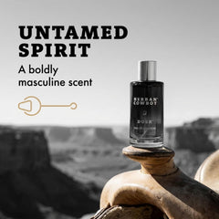 Herban Cowboy cologne mist dispersing to show easy, controlled application