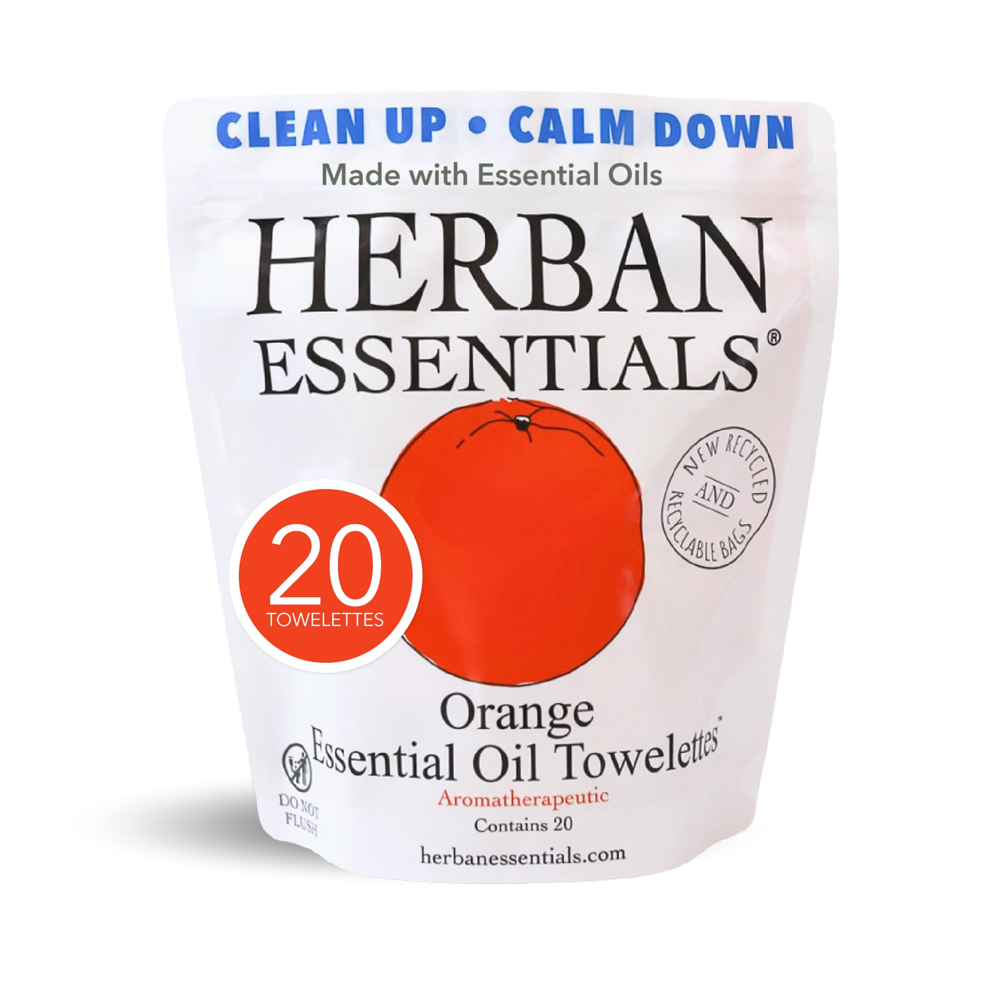 Herban Essentials front pouch showing orange scent and travel-ready convenience