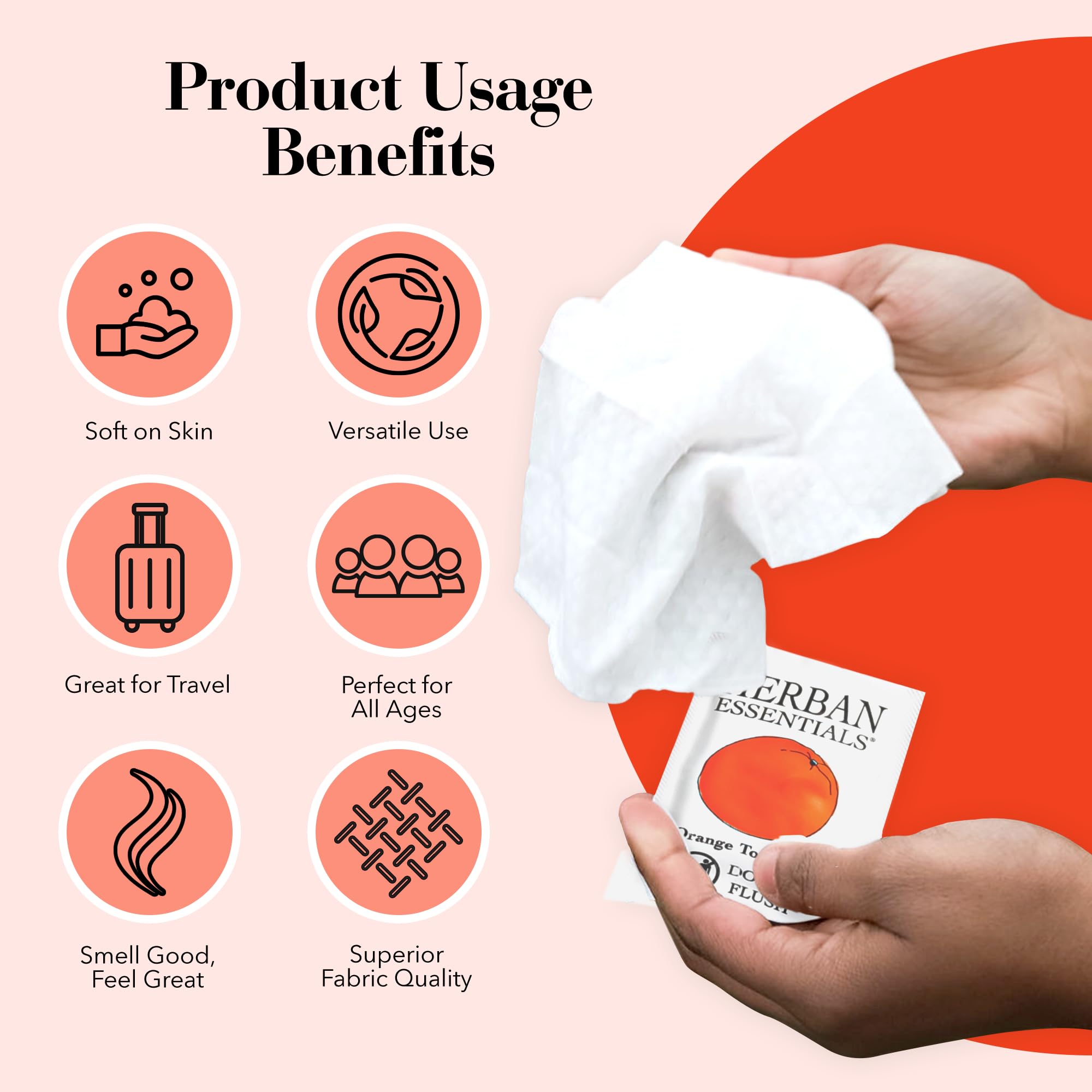 Herban Essentials wipe next to hand illustrating compact size and coverage