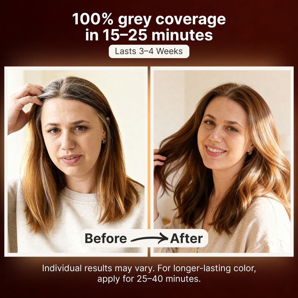 Herbishh shampoo being applied to damp hair for easy gray coverage