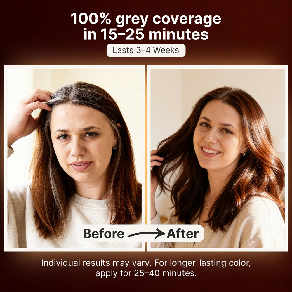 Herbishh shampoo applied through hair showing even gray coverage benefit