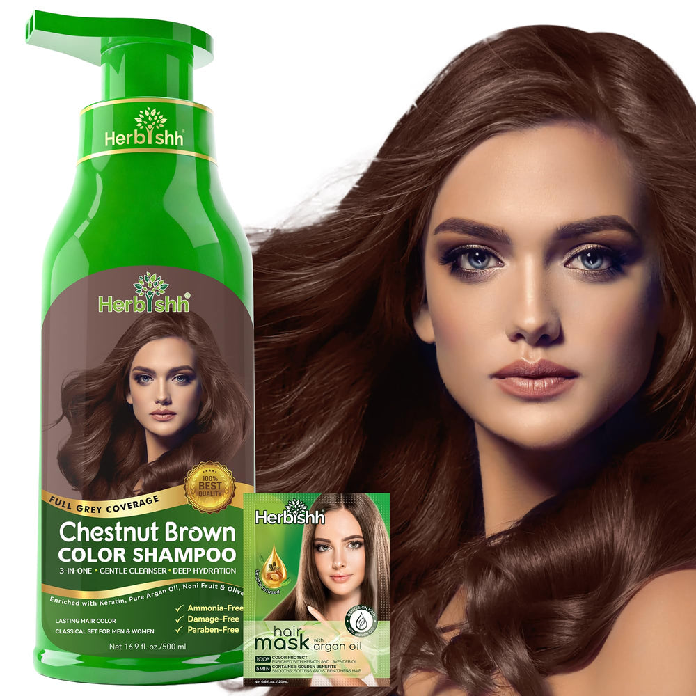 Herbishh bottle front view showing chestnut brown shade and labeling benefit