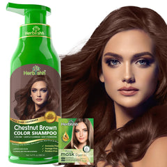 Herbishh bottle front view showing chestnut brown shade and labeling benefit