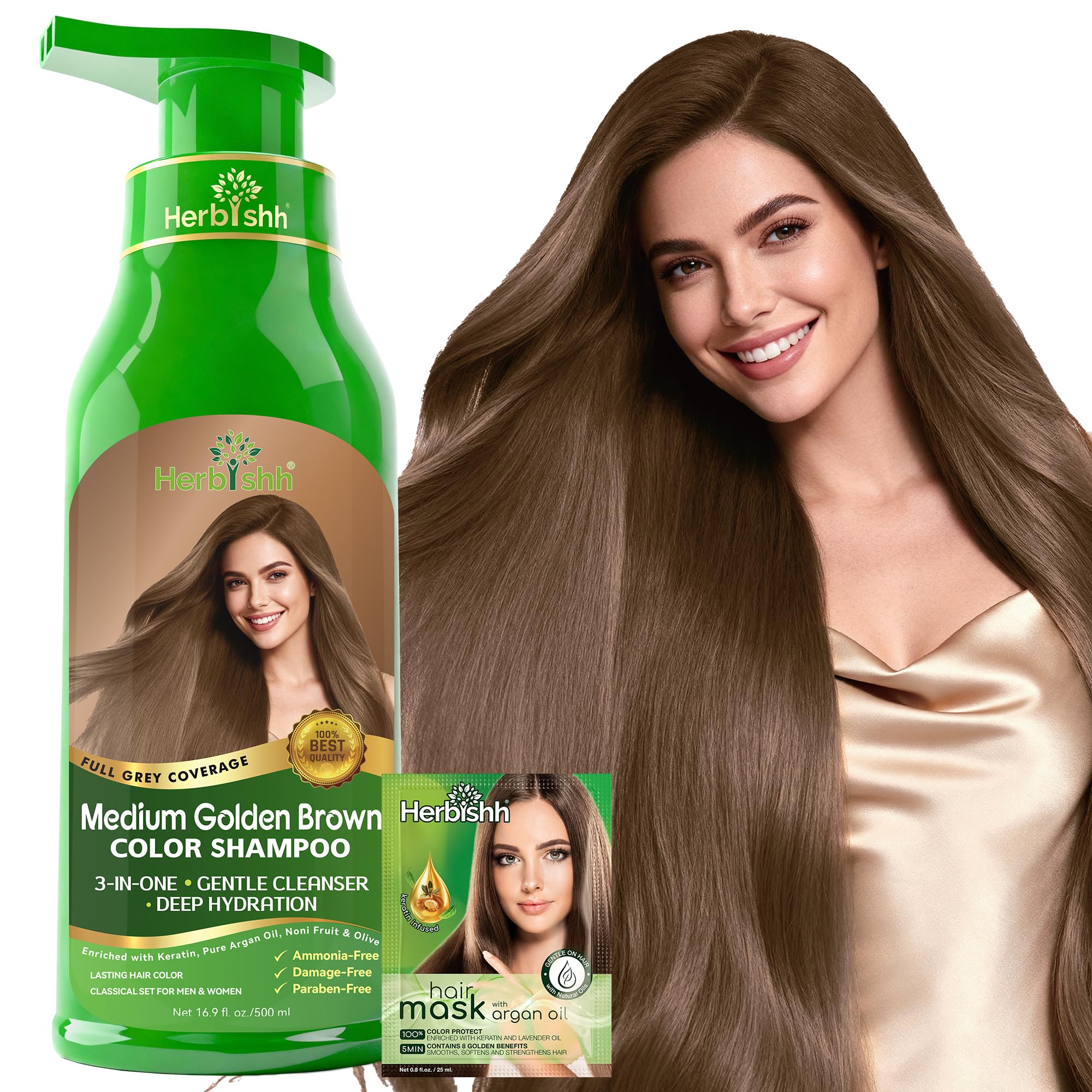 Herbishh front packaging showing medium golden brown shade and 500ml size benefit