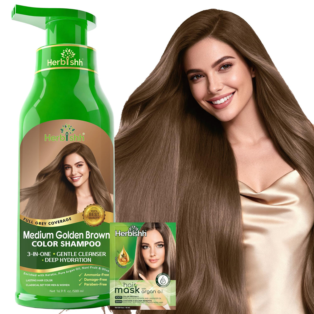 Herbishh front packaging showing medium golden brown shade and 500ml size benefit