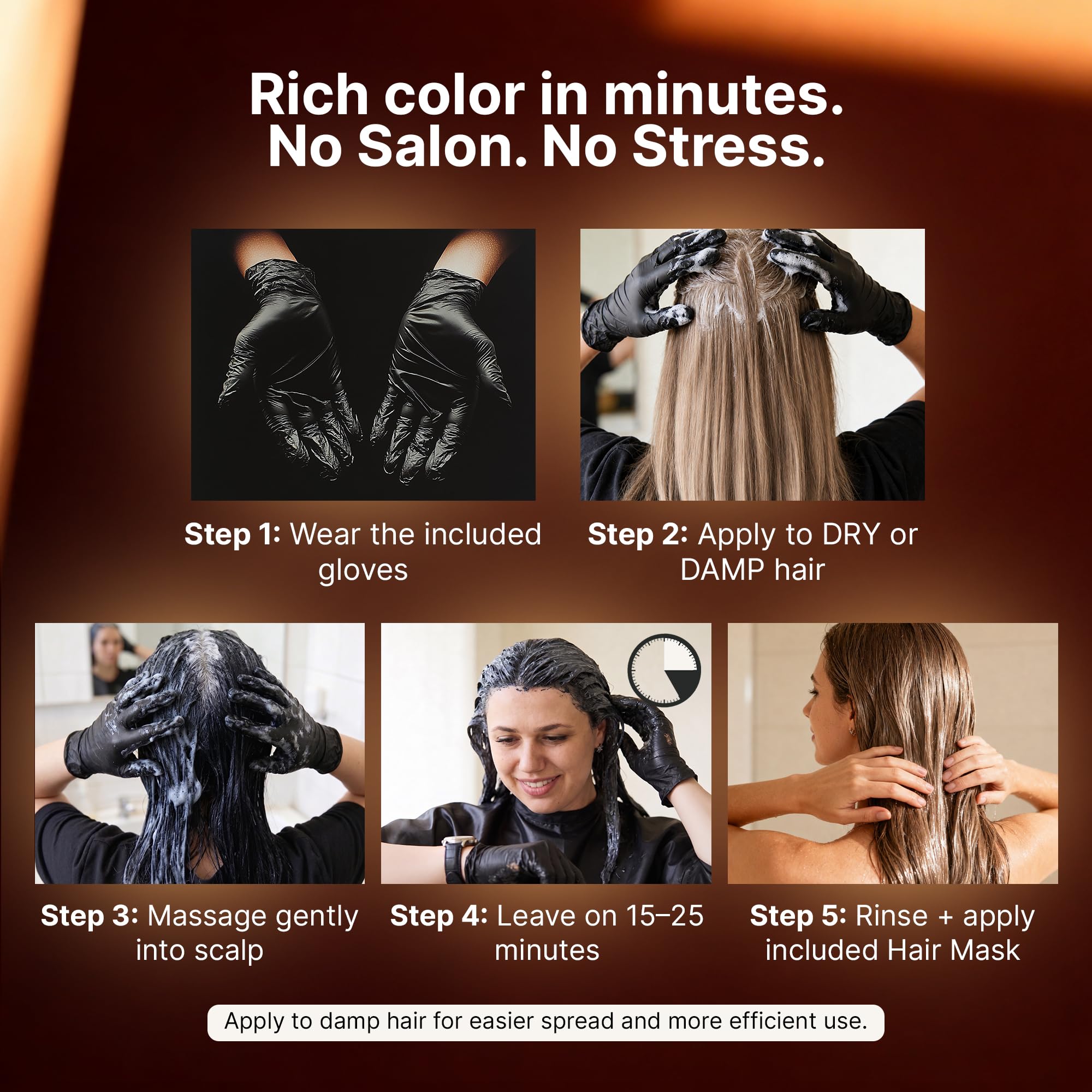 Herbishh application on damp hair showing quick 20–25 minute coverage benefit