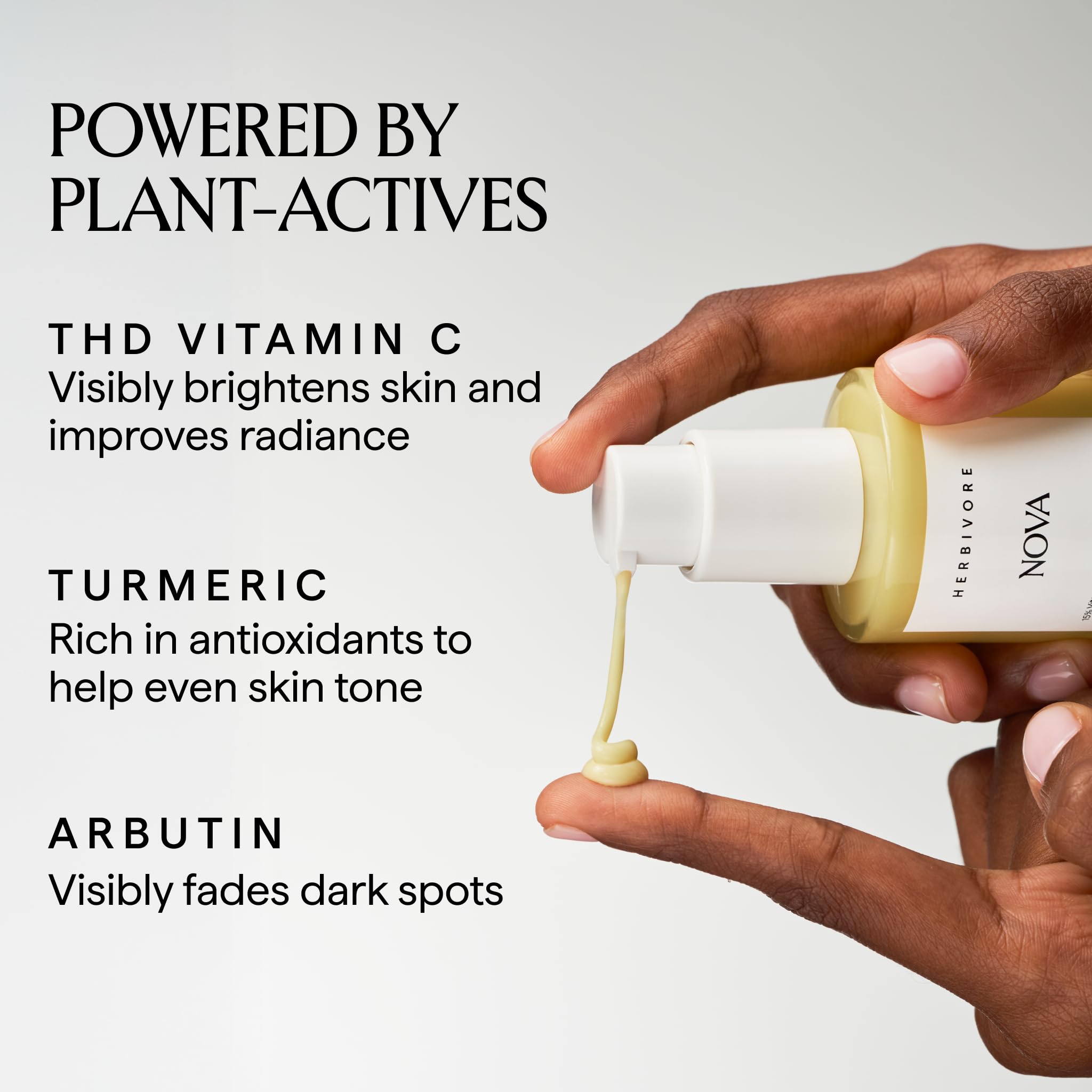 HERBIVORE drop of Nova serum on skin demonstrating fast absorption benefit