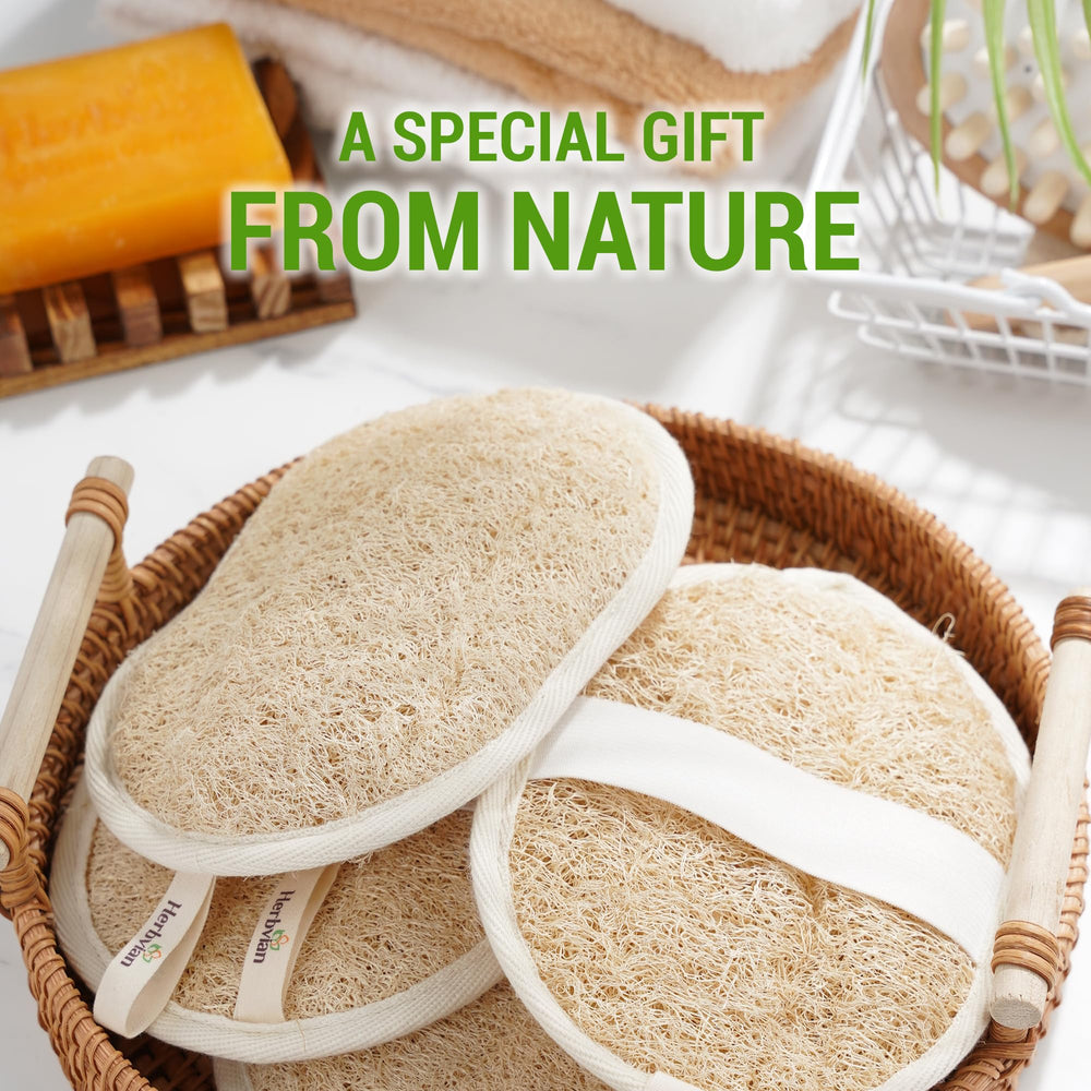 Herbvian label reading 100% plant-based loofah emphasizing eco-friendly benefit