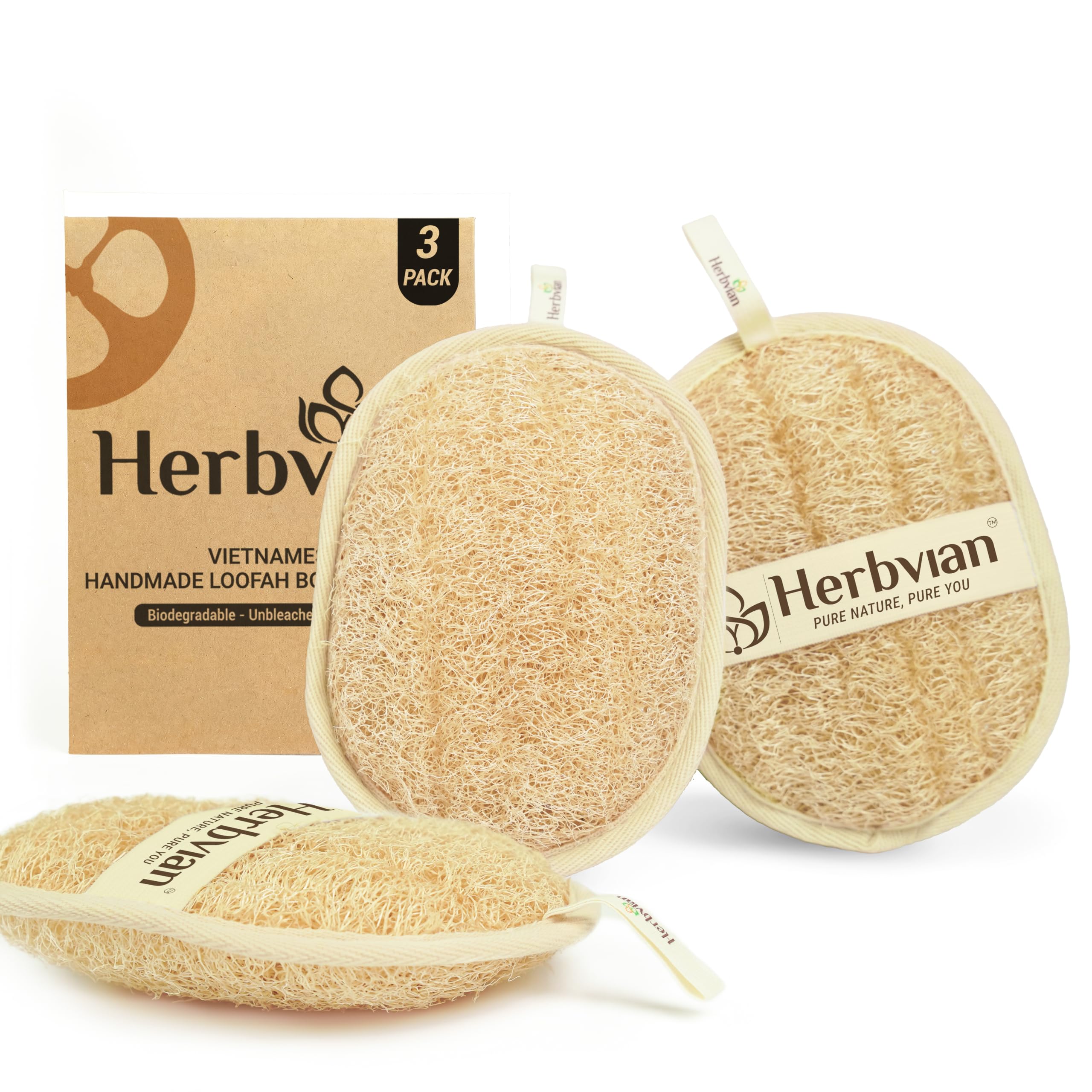 Herbvian front view of three loofah pads highlighting pack value and natural materials