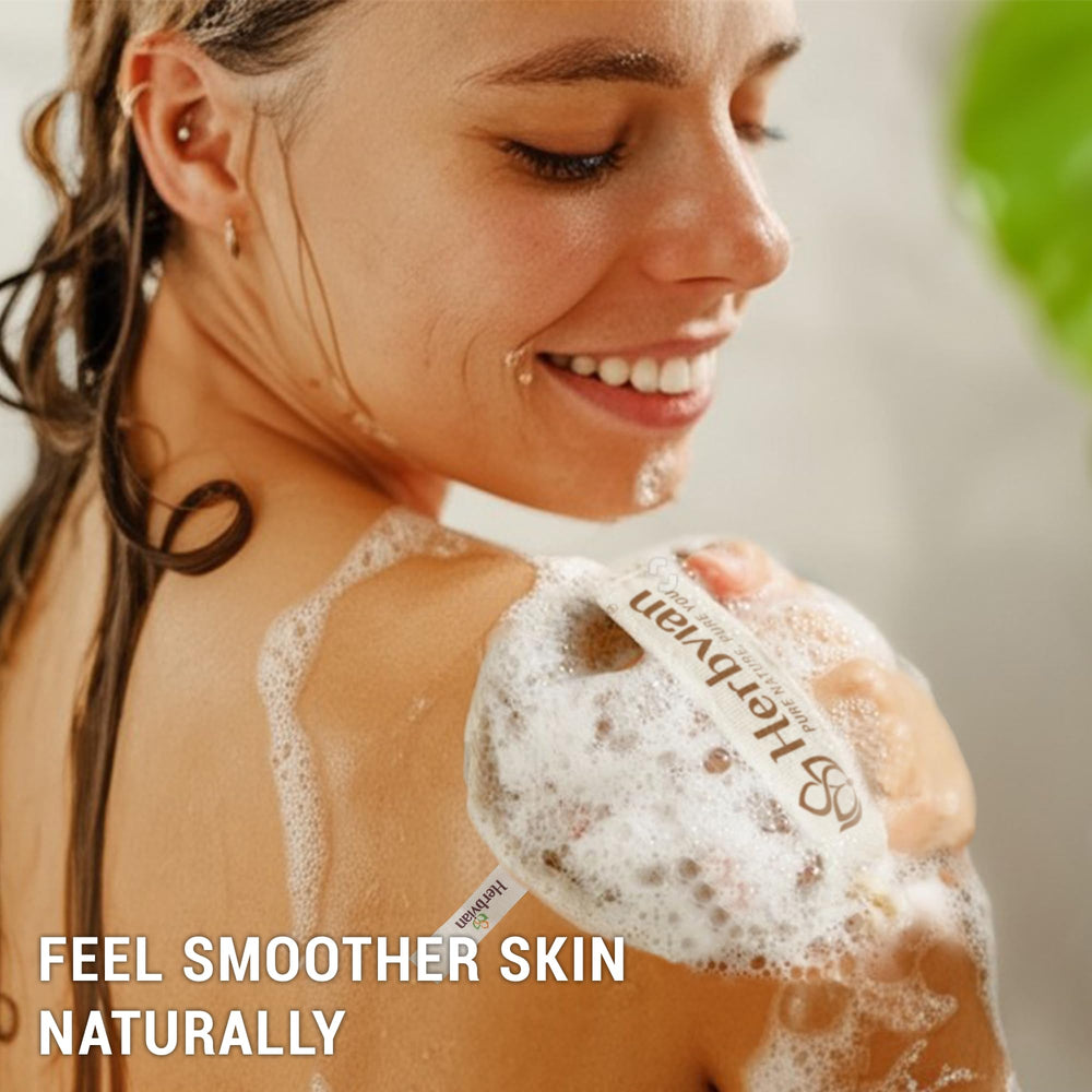 Herbvian in-shower use with lather demonstrating easy cleansing and exfoliation