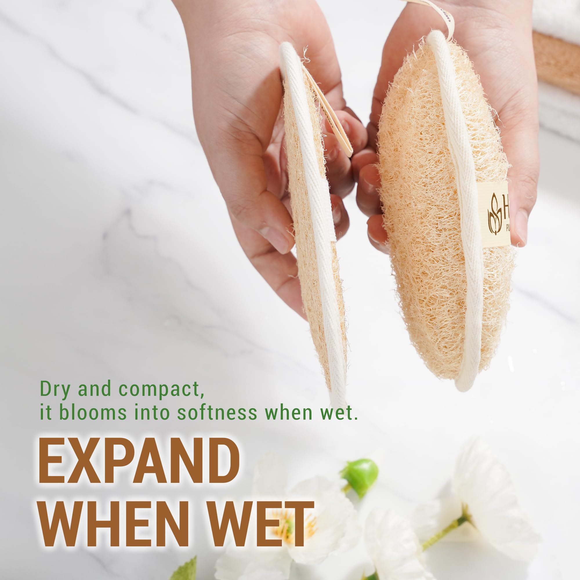 Herbvian wet loofah pad expanded to thickness for fuller skin coverage