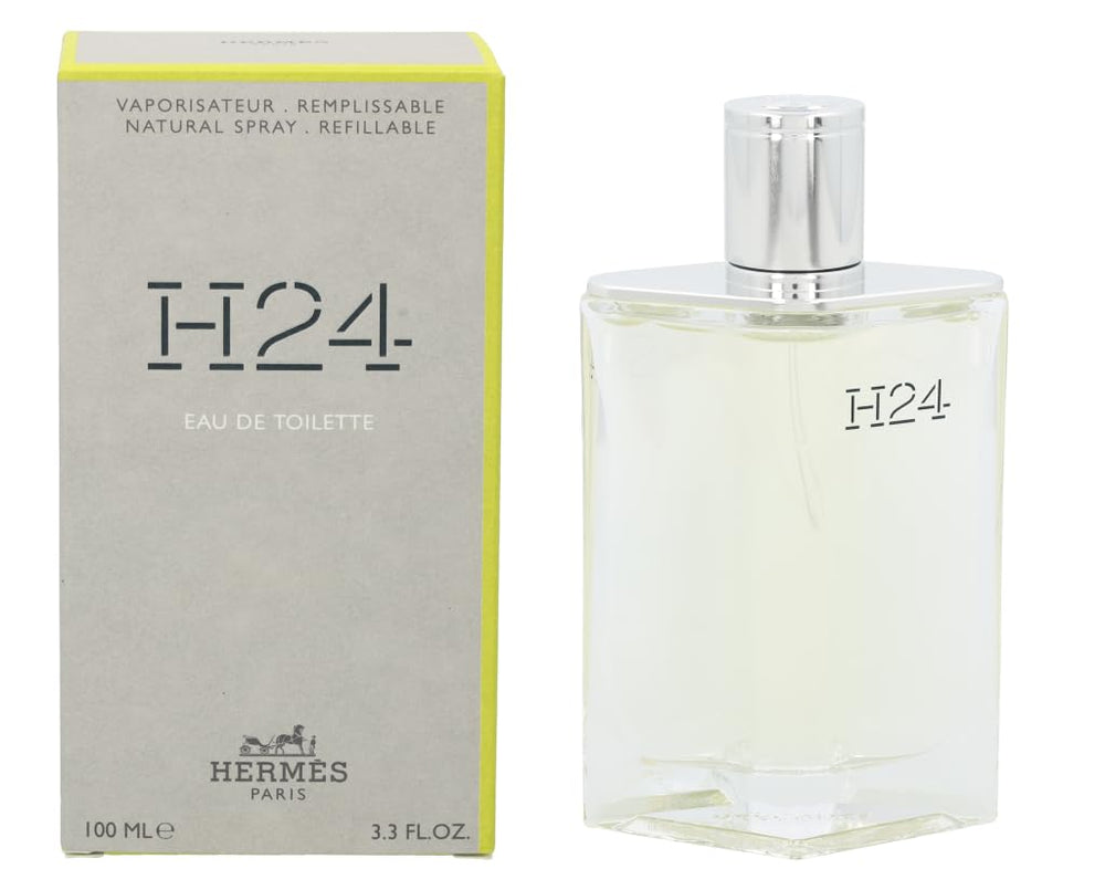Hermès H24 front bottle showing aerodynamic shape and label, highlights refillable design