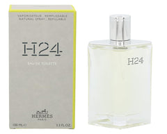 Hermès H24 front bottle showing aerodynamic shape and label, highlights refillable design