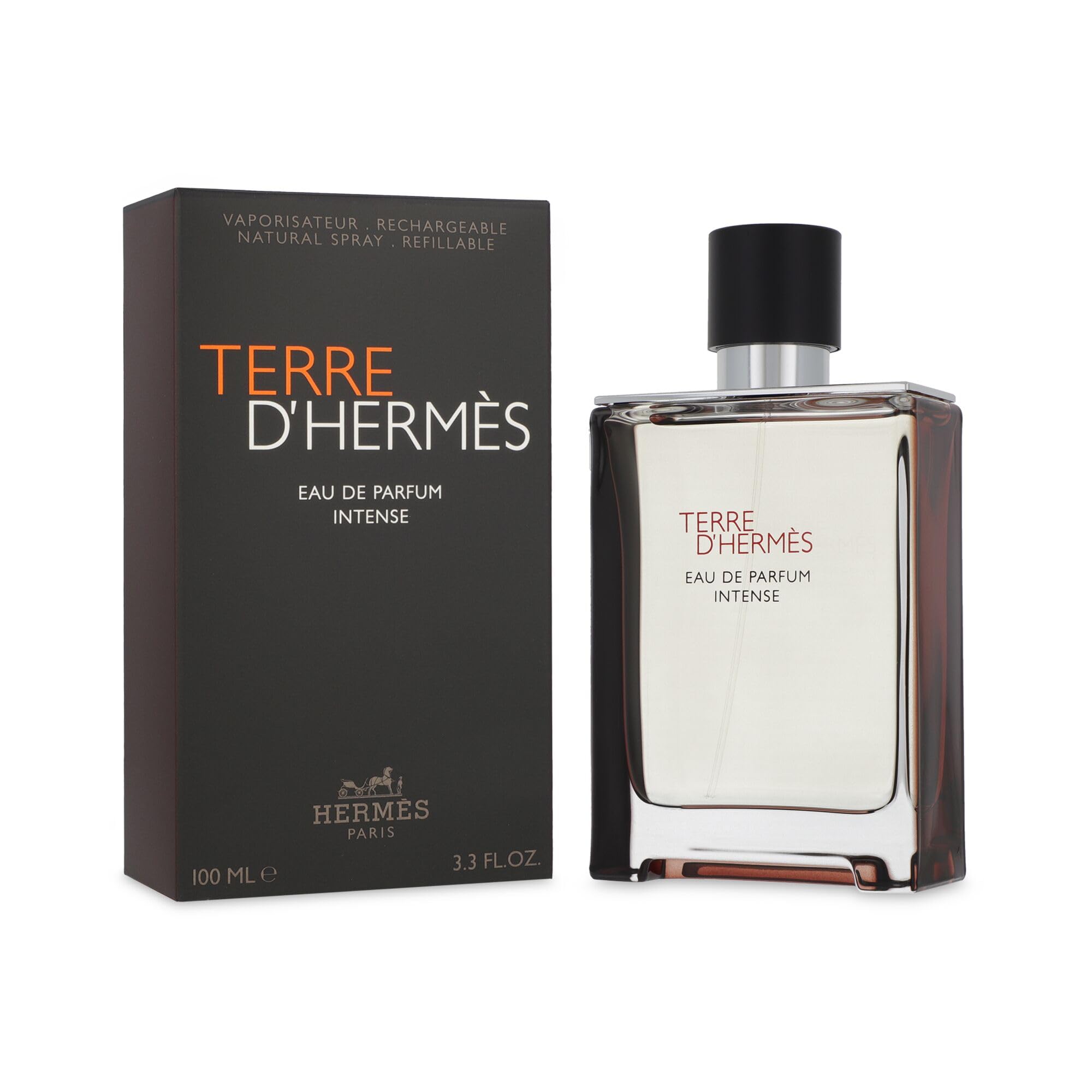 Hermès bottle front packaging showing Terre d'Hermès Intense and luxury presentation