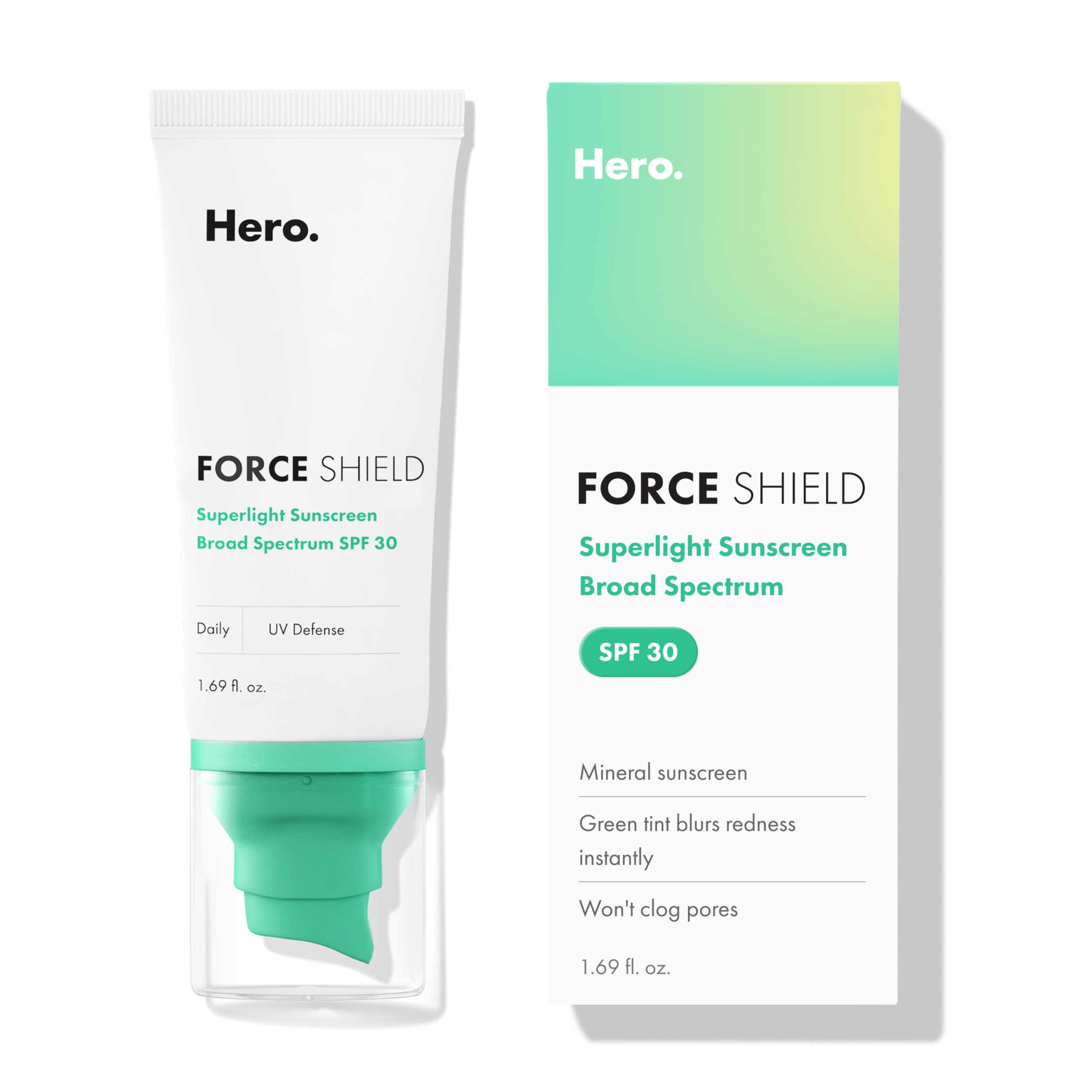 Hero Cosmetics front packaging of Force Shield SPF 30 showing tube and cap, compact protection
