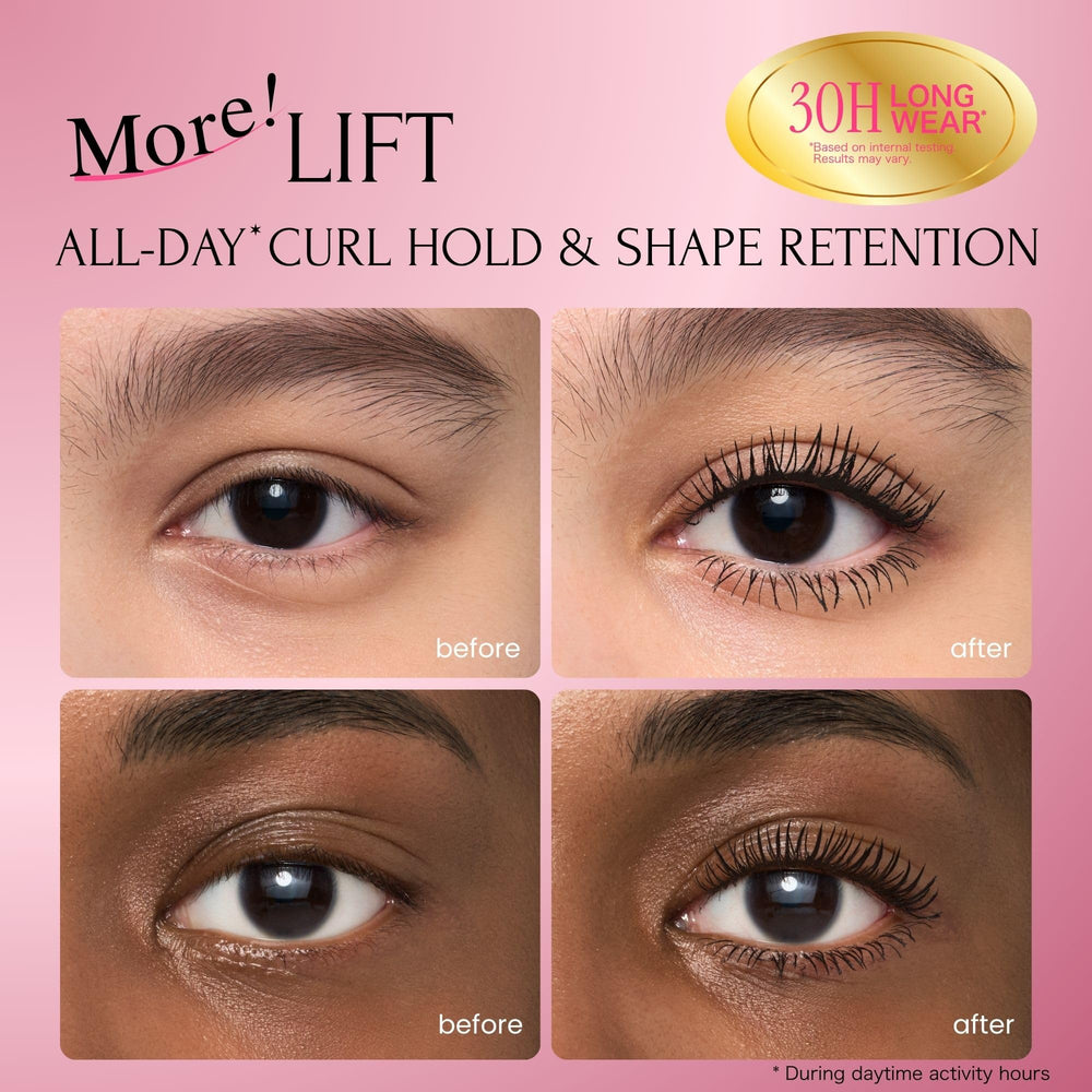 Heroine Make before and after lashes showing lifted, fuller lash benefit