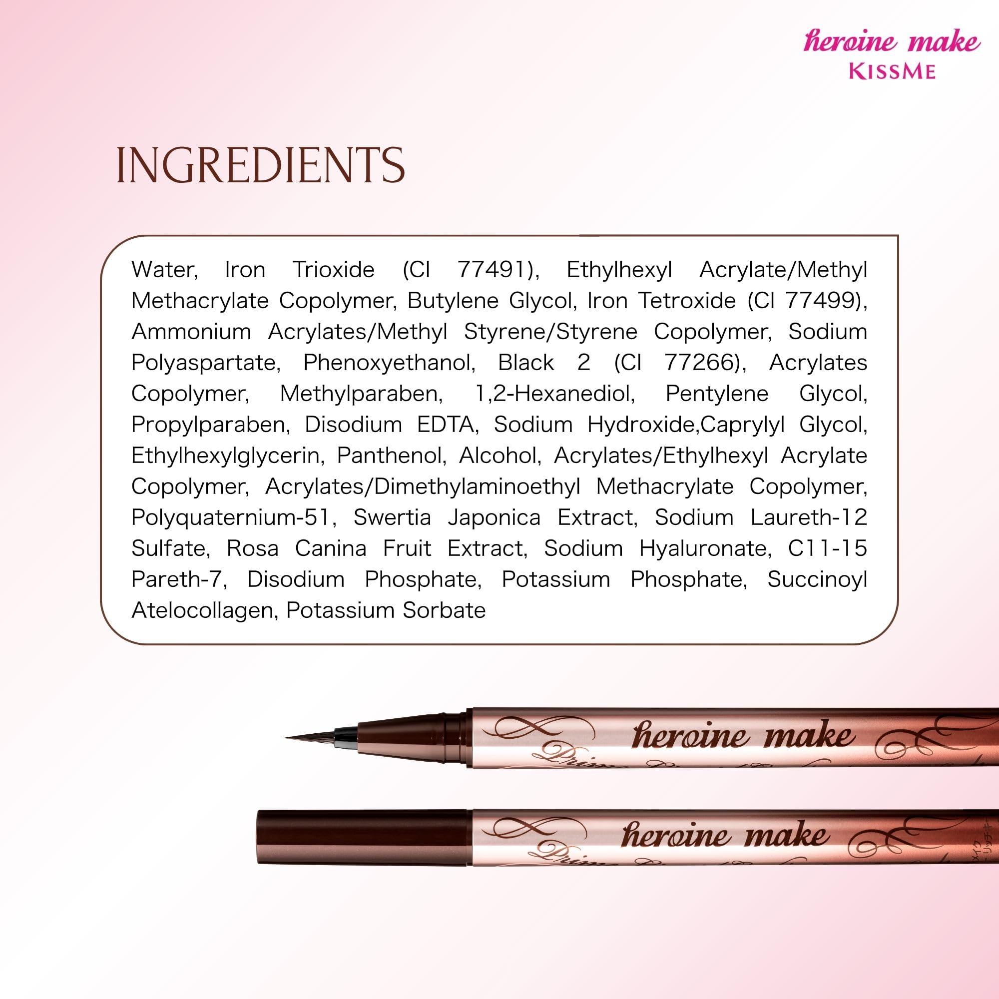 Heroine Make back label showing ingredients and usage instructions