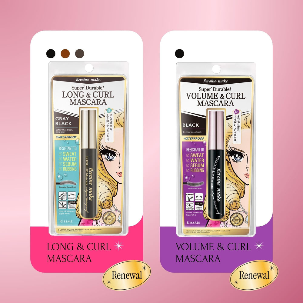Heroine Make close-up of packaging label showing waterproof formula details benefit