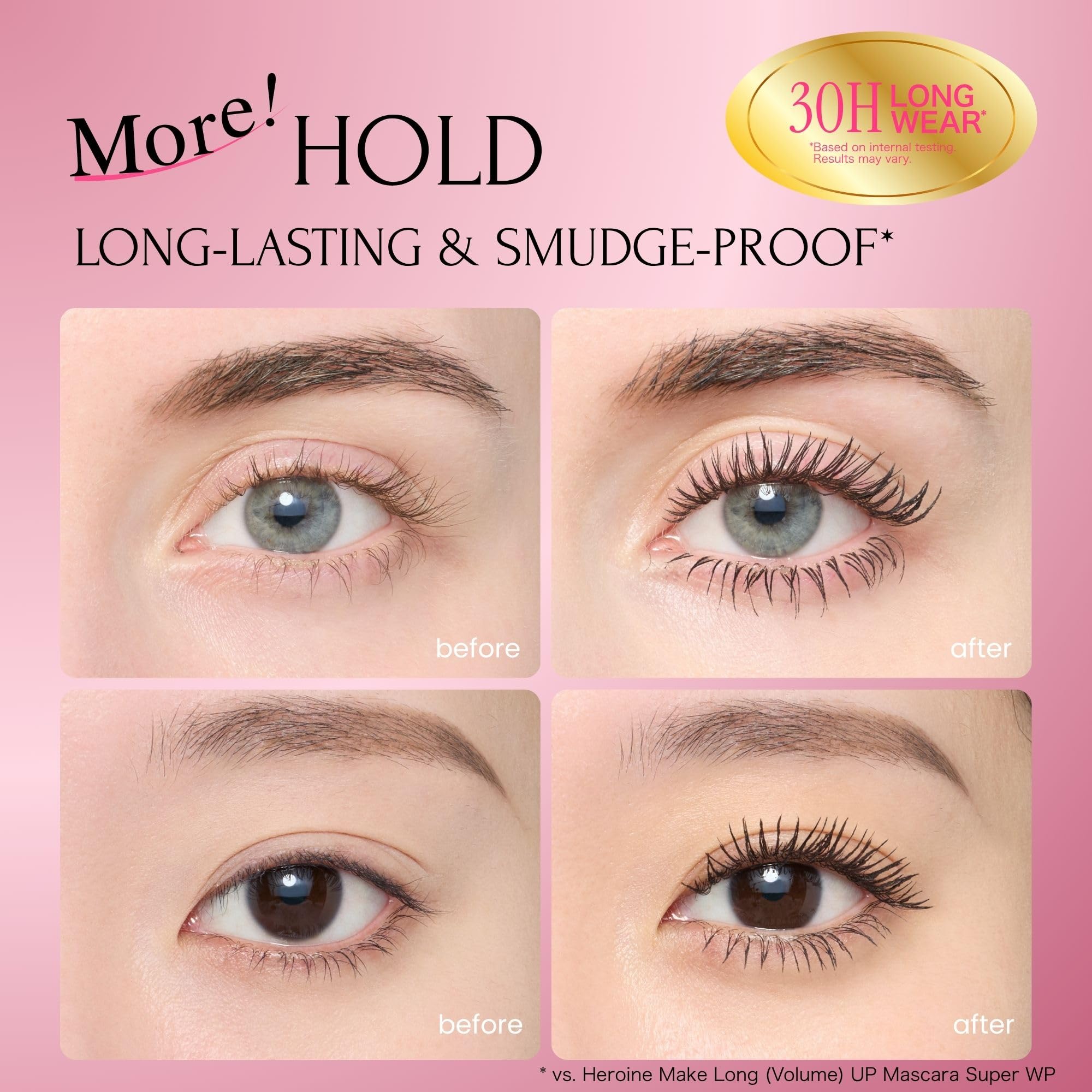 Heroine Make mascara swatch on skin highlighting fiber lengthening effect