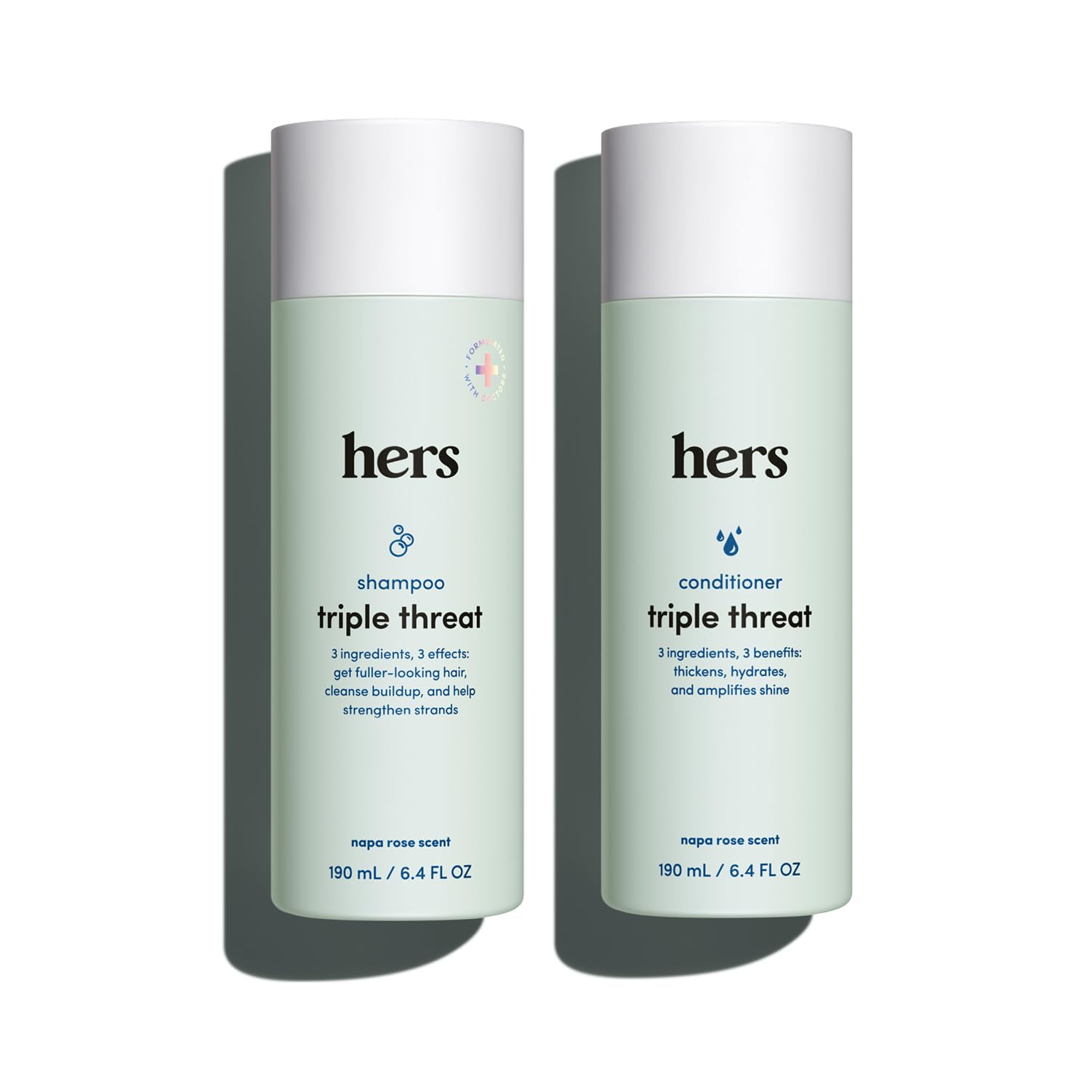 hers front packaging showing the shampoo and conditioner duo and benefits