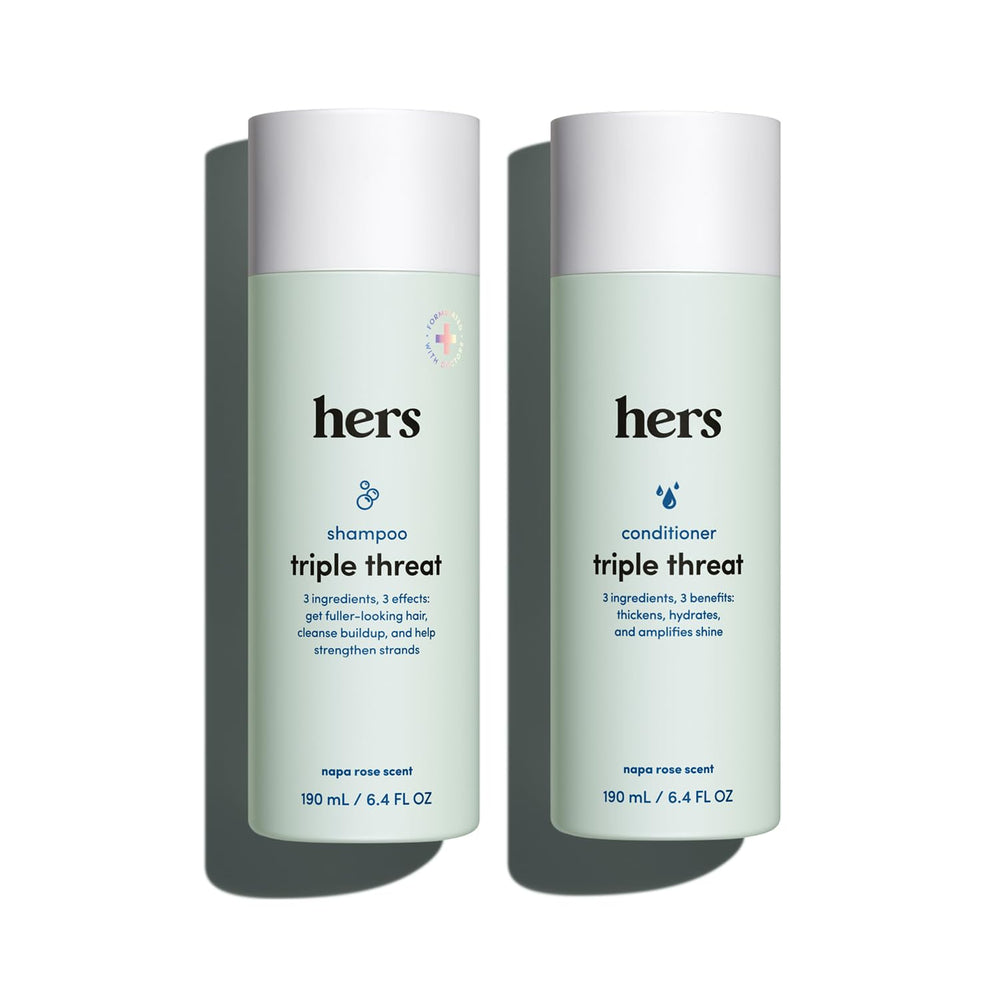 hers front packaging showing the shampoo and conditioner duo and benefits