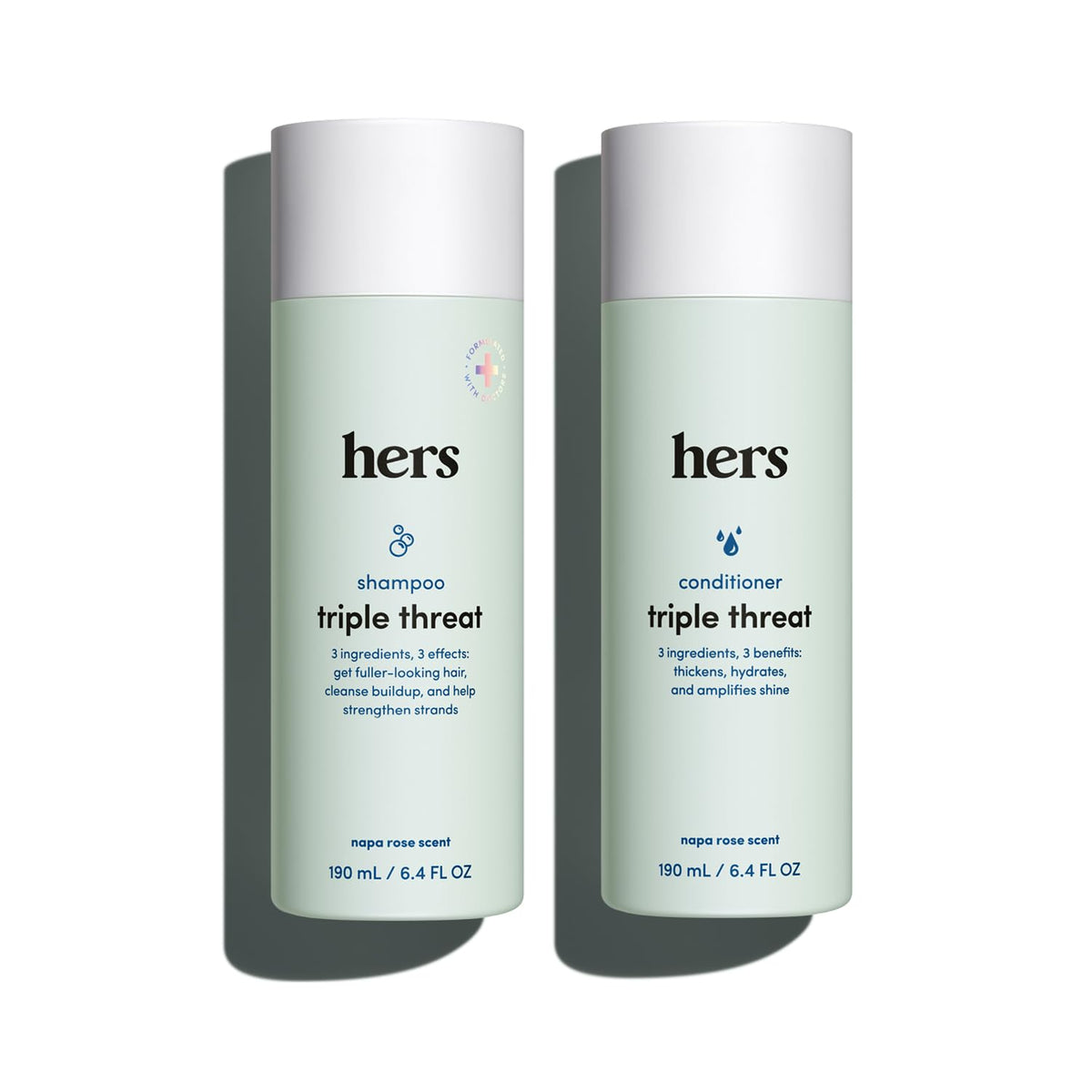 hers front packaging showing the shampoo and conditioner duo and benefits