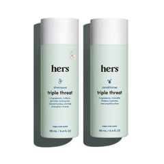 hers front packaging showing the shampoo and conditioner duo and benefits